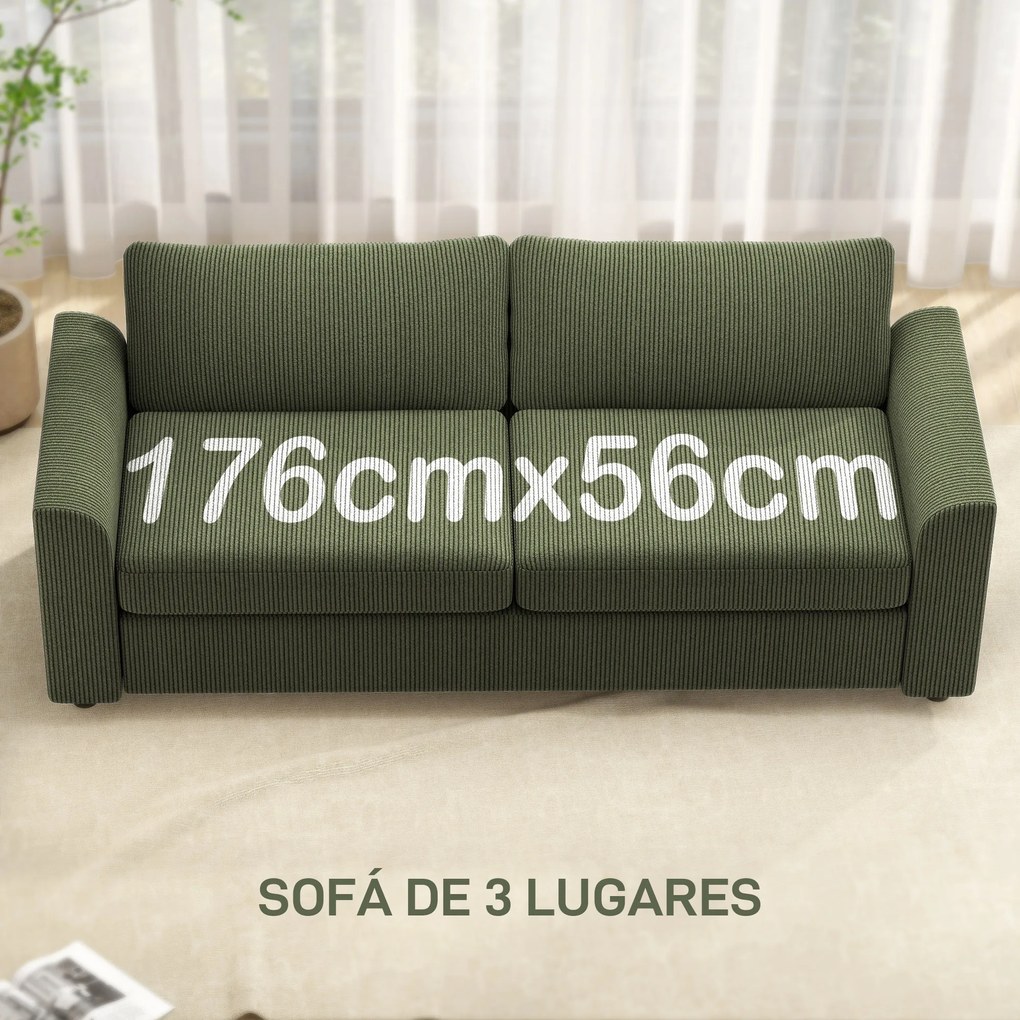 Sofá de 3 Lugares Sofá Sala de Estar 212x80x88 cm Estofado em Veludo Canelado com 2 Almofadas  Desenho Moderno Verde