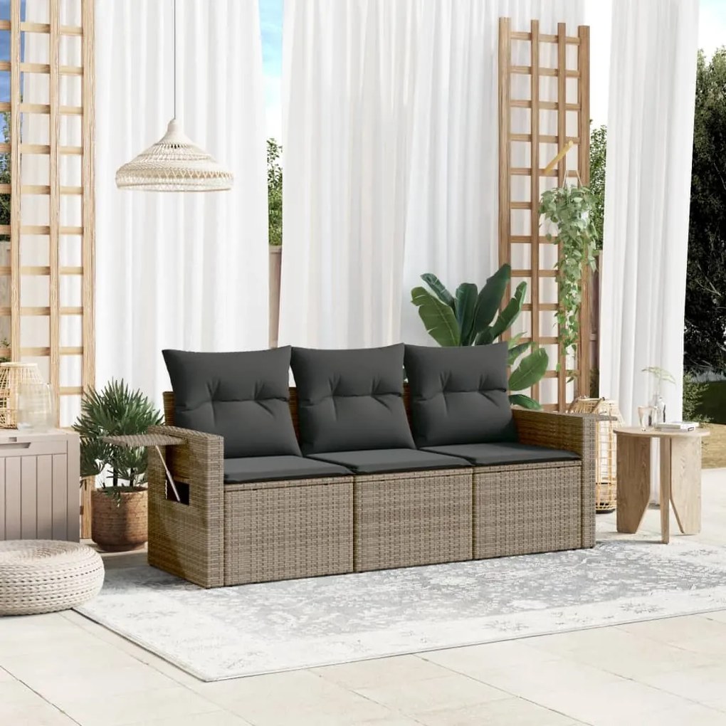 vidaXL 3 pcs conjunto sofás de jardim c/ almofadões vime PE cinzento