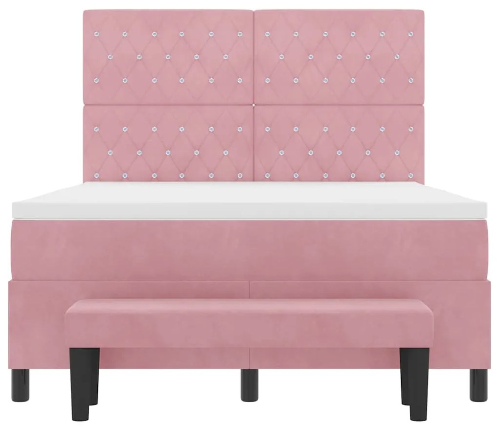 Cama Box Spring com Colchão e Banco Rosa 160x200 cm Veludo