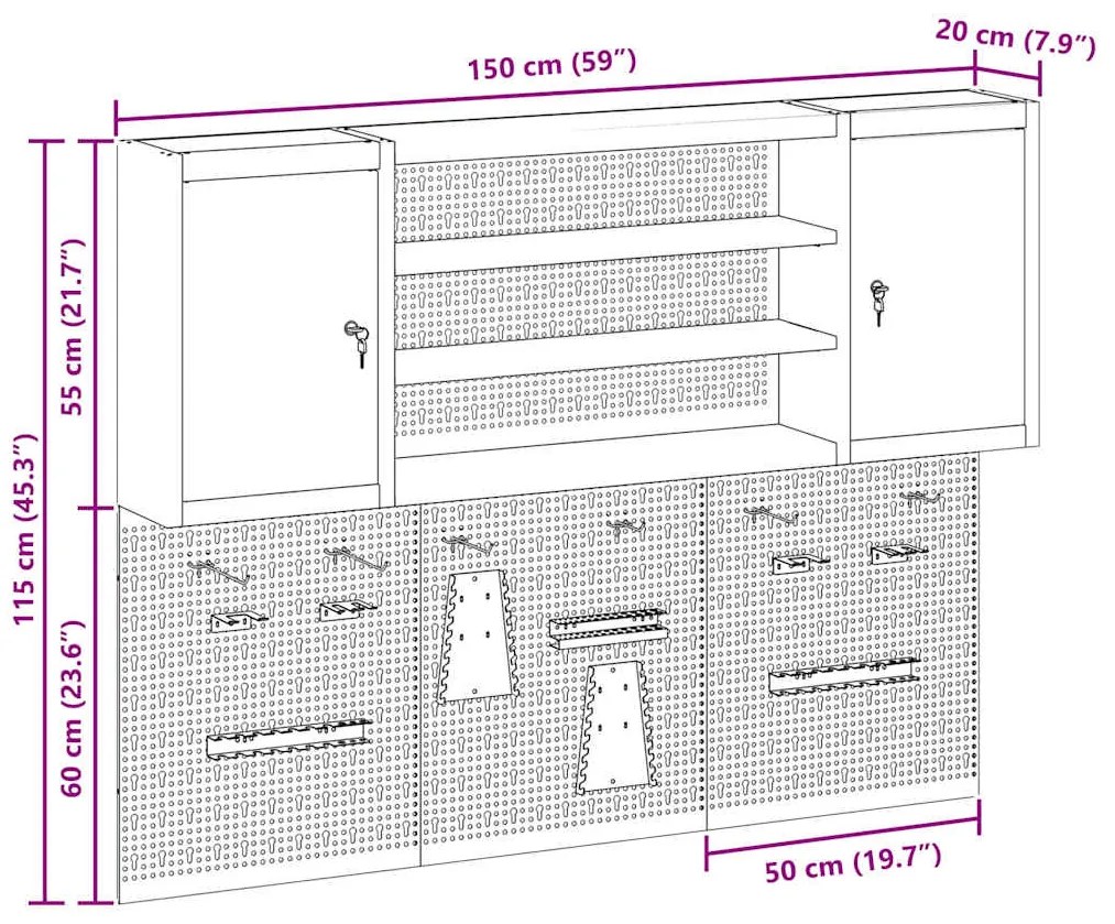 Conjunto de Armário de Ferramentas e Painel de Ferramentas de 6 Peças