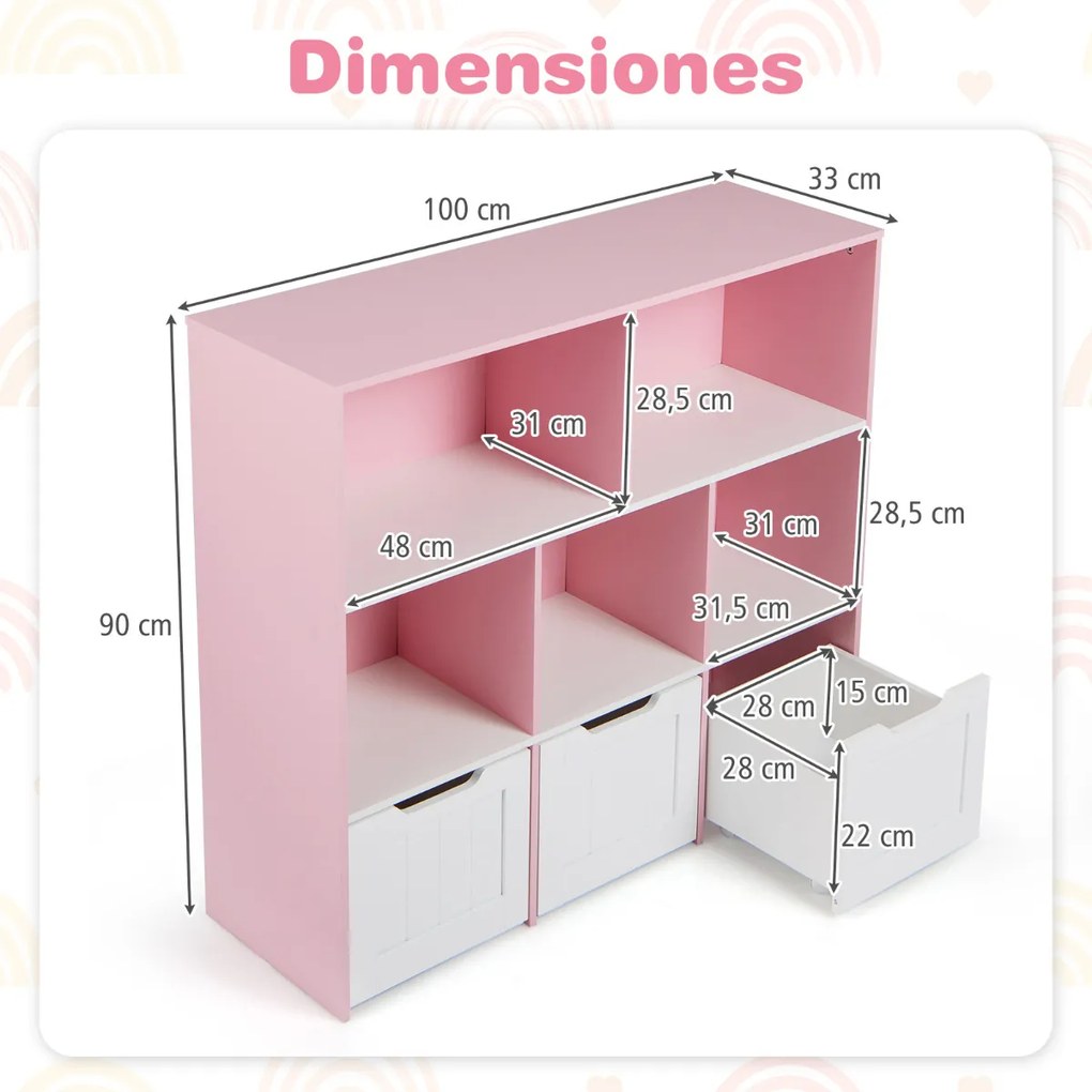 Estante infantil para brinquedos 100 x 33 x 90 cm com 5 compartimentos abertos e 3 gavetas móveis – Organizador de brinquedos com rodas para sala de j