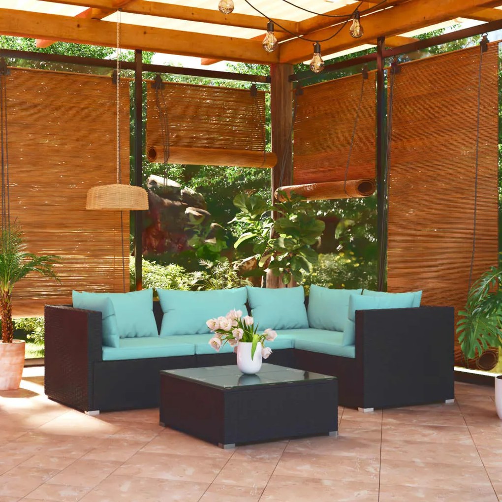 vidaXL 5 pcs conjunto lounge de jardim c/ almofadões vime PE preto