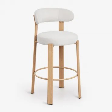 Banqueta Alta Com Encosto Em Tecido Chenille E Ferro Jolie Madeira Natural & ↑75 Cm & Chenille Bege Creme - Sklum