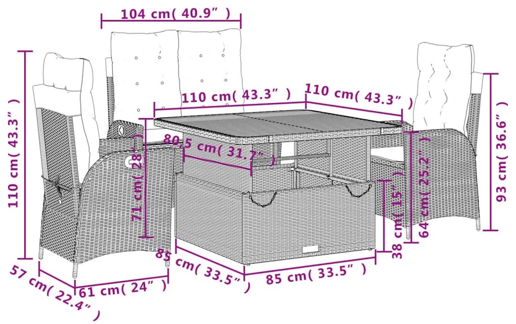 4 pcs conjunto de jantar p/ jardim c/ almofadões vime PE cinza