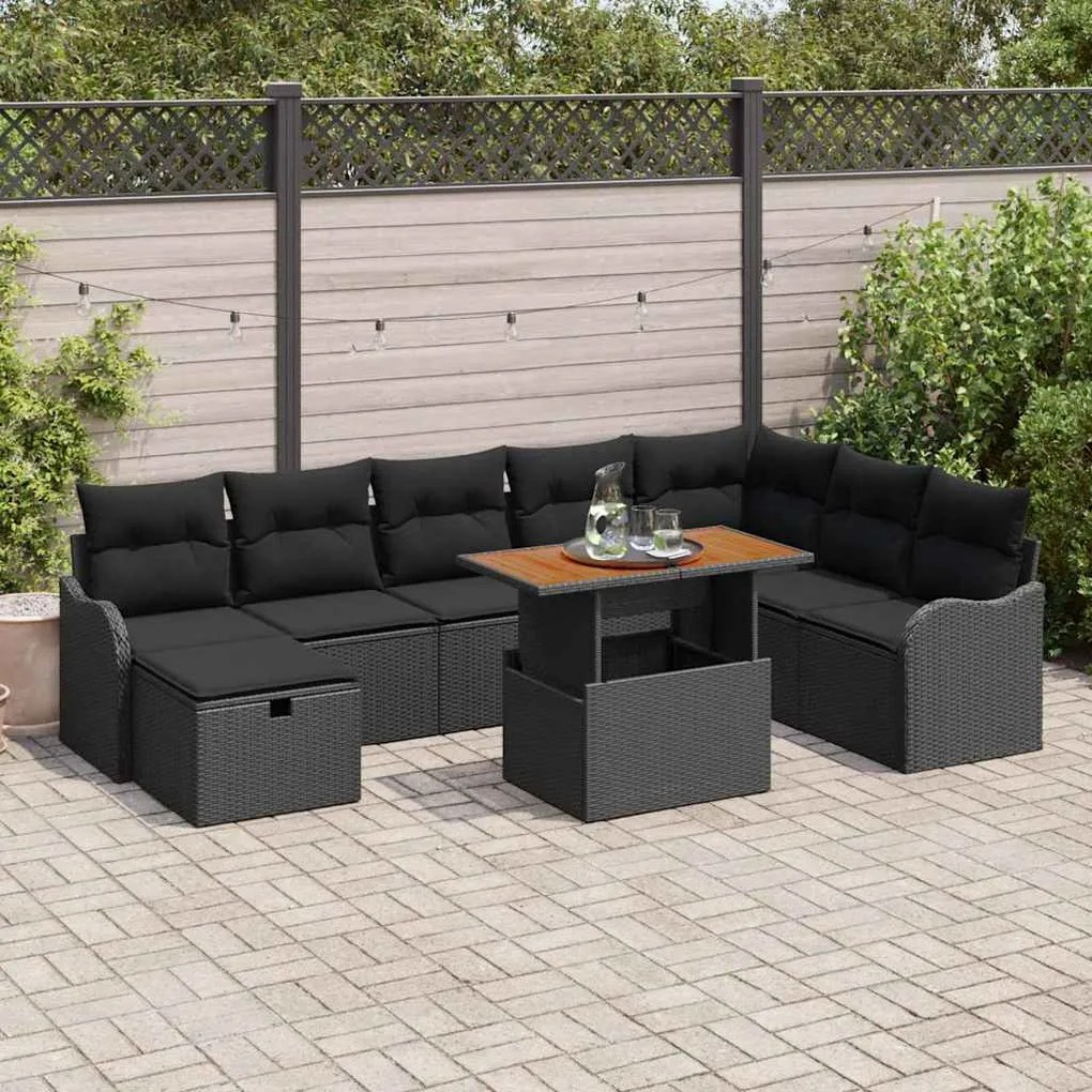 vidaXL Conjunto de Sofá de Jardim com almofada 9 pcs Preto vime PE