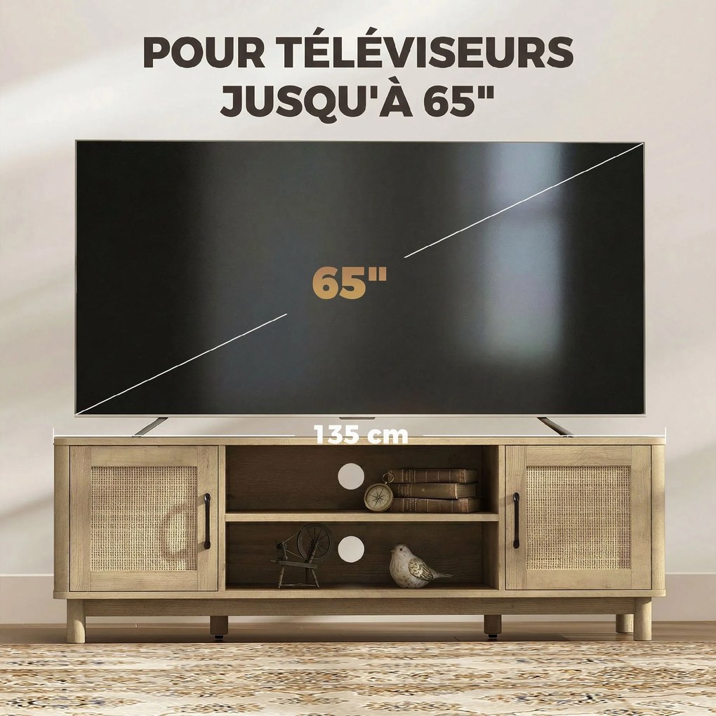 Móvel de TV 135 x 39 x 45 cm, móvel para televisores até 65 polegadas com 2 portas em rattan, 2 compartimentos abertos, cor carvalho