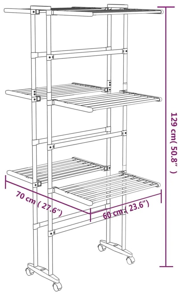 Estendal com 3 prateleiras/rodas 60x70x129 cm prateado