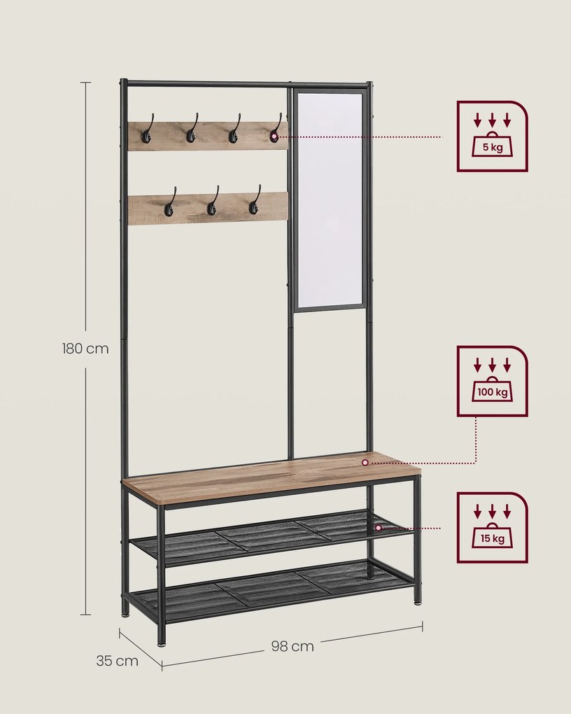 Bengaleiro entrada com ganchos e espelho estilo industrial 35 x 98 x 180 cm castanho-camelo-preto