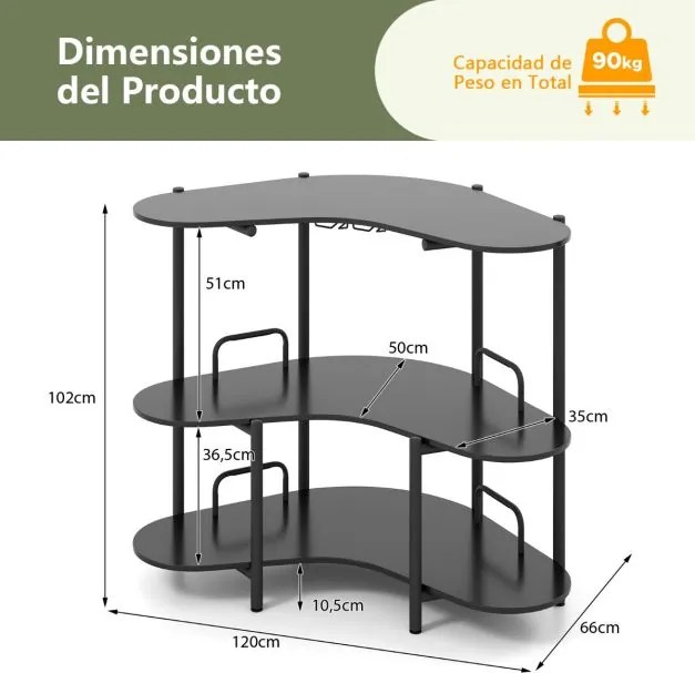 Mesa de Bar com Suportes para Copos e Estantes Bar Industrial com Estrutura Metálica 120 x 66 x 102 cm Preta
