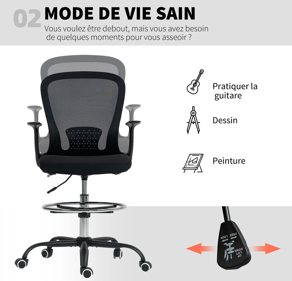 Cadeira de escritório 59 x 62 x 99-119 cm ergonómica com apoio para os pés ajustável e braços rebatíveis, altura regulável, preta