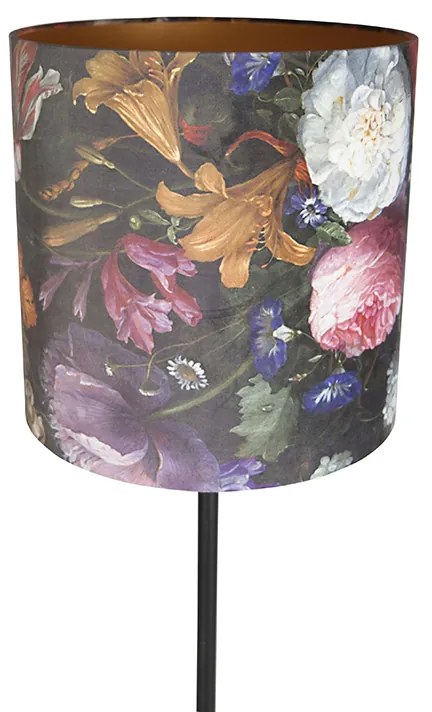 Candeeiro de pé romântico preto com cúpula floral 40 cm - Simplo Clássico / Antigo