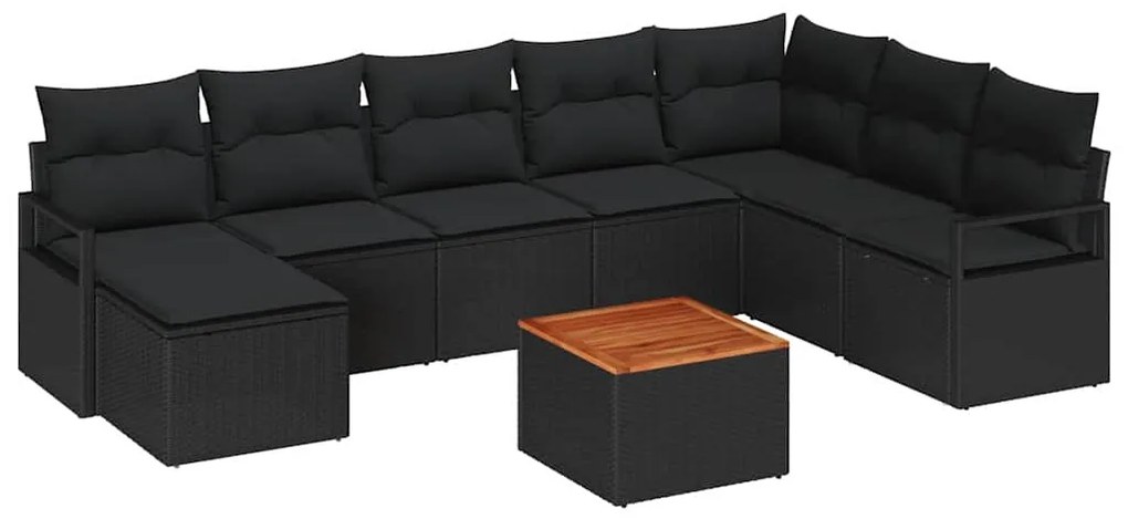 Conjunto de Sofá de Jardim de 9 Peças com Almofadas Preto em Polyratta