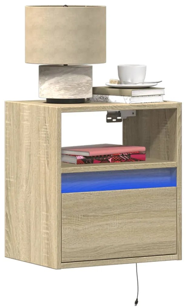 Mesa de cabeceira de parede com luzes LED carvalho sonoma