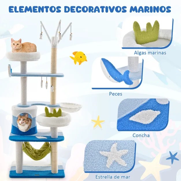 Arranhador para gatos com tema do oceano Torre para gatos de 165 cm com vários níveis e plataforma de arranhar para gatos em sisal Plataforma de arran