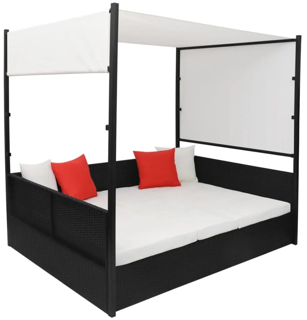 Espreguiçadeira de jardim com toldo 190x130 cm vime PE preto