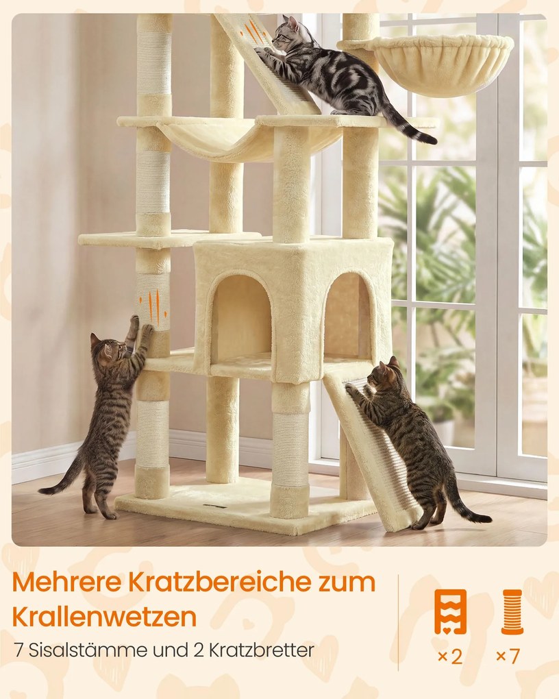 Arranhador para gatos para arranhar XXL com placas para arranhar e sisal, 55 x 45 x 206 cm, bege