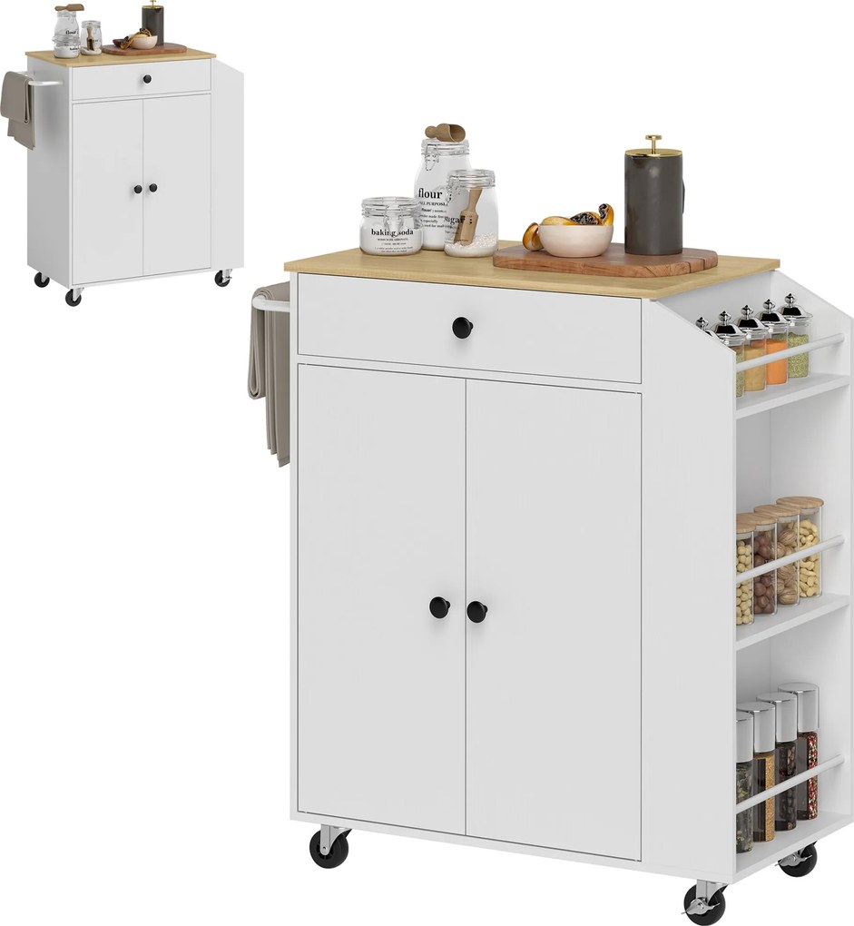 Carrinho Ilha de Cozinha com Rodas com Gaveta Suporte para Temperos de 3 Níveis e Prateleira Ajustável 82x38x86,5 cm  Branco