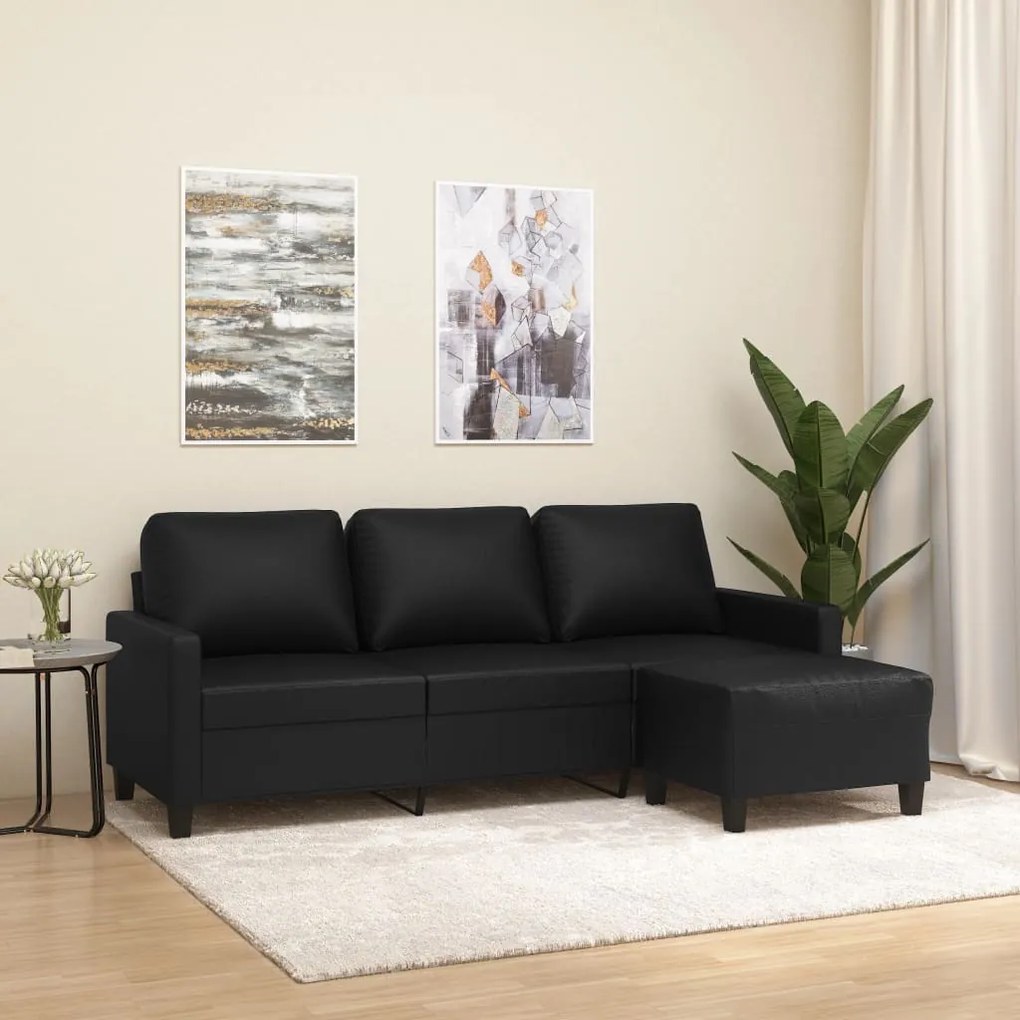 3153353 vidaXL Sofá de 3 lugares c/ apoio de pés 180 cm couro artificial preto