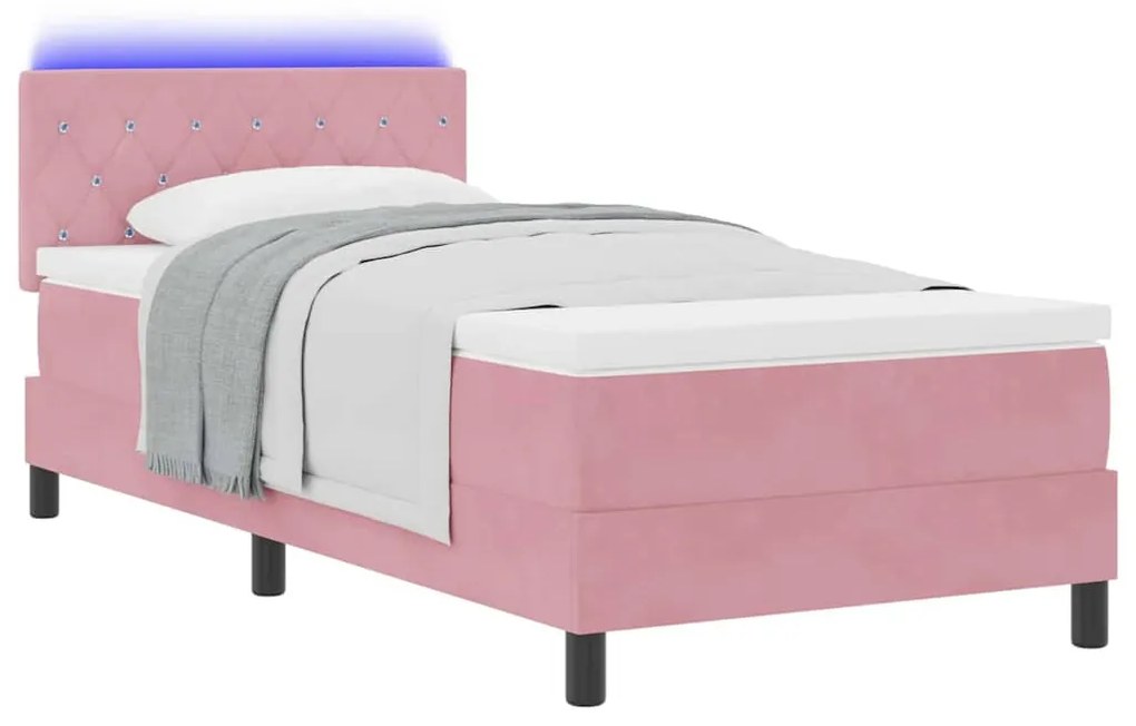Cama Box com Colchão e LED Rosa 90x190 cm Veludo