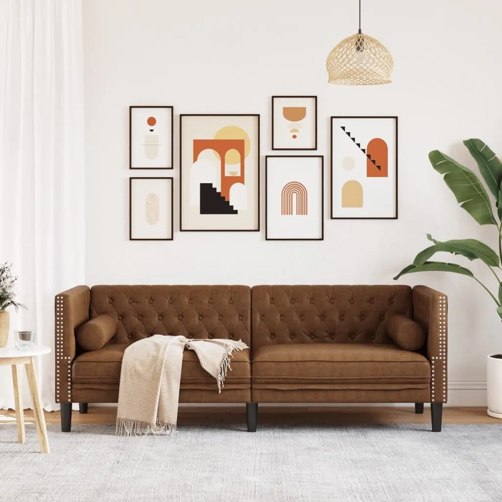 Sofá chesterfield com rolos 3 lugares camurça artif. castanho