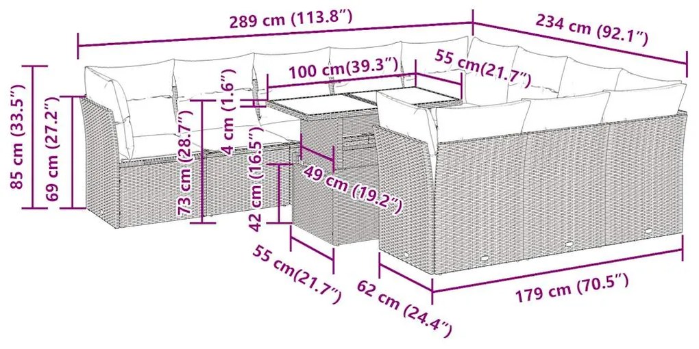 11 pcs conjunto sofás de jardim c/ almofadões vime PE cinzento