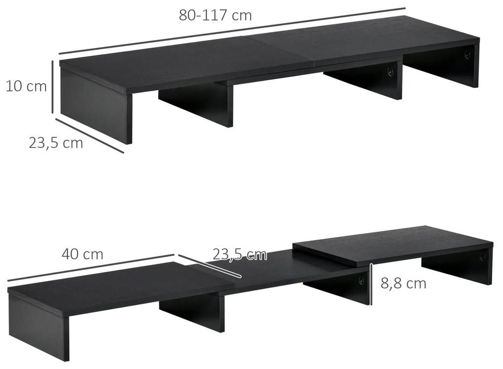 Suporte Elevado para Monitores de Madeira Ajustável em Comprimento e Ângulo para 2 Monitores Notebook 80-117x23,5x10cm Preto