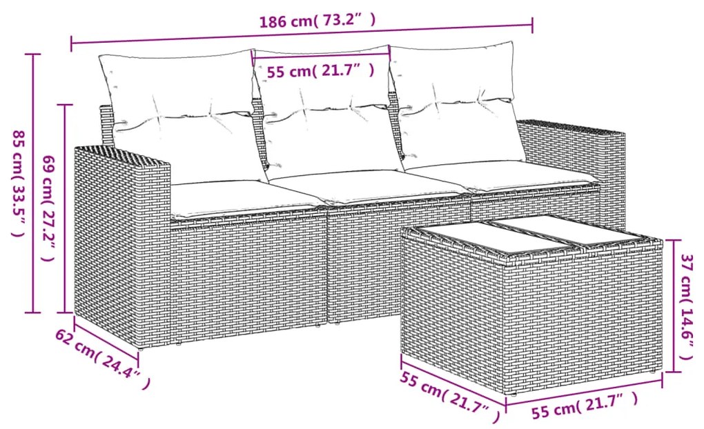 4 pcs conjunto sofás de jardim c/ almofadões vime PE castanho