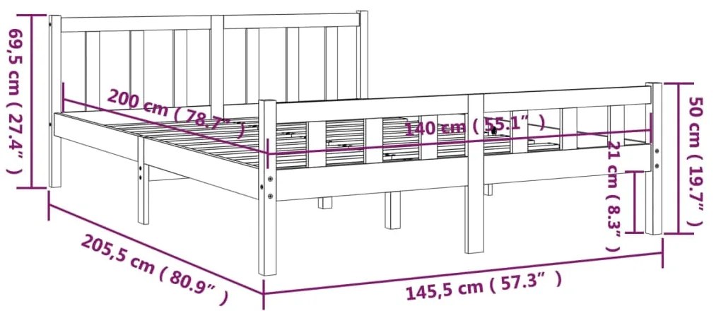 Estrutura de cama 140x200 cm madeira maciça cinzento