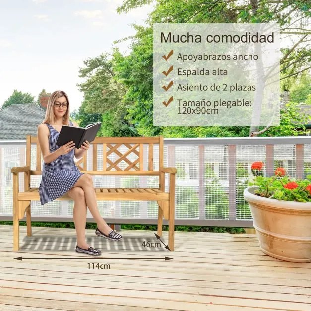 Banco dobrável para jardim Banco de madeira de acácia 120 cm para 2 pessoas com encosto curvo e apoios de braços Cor de teca