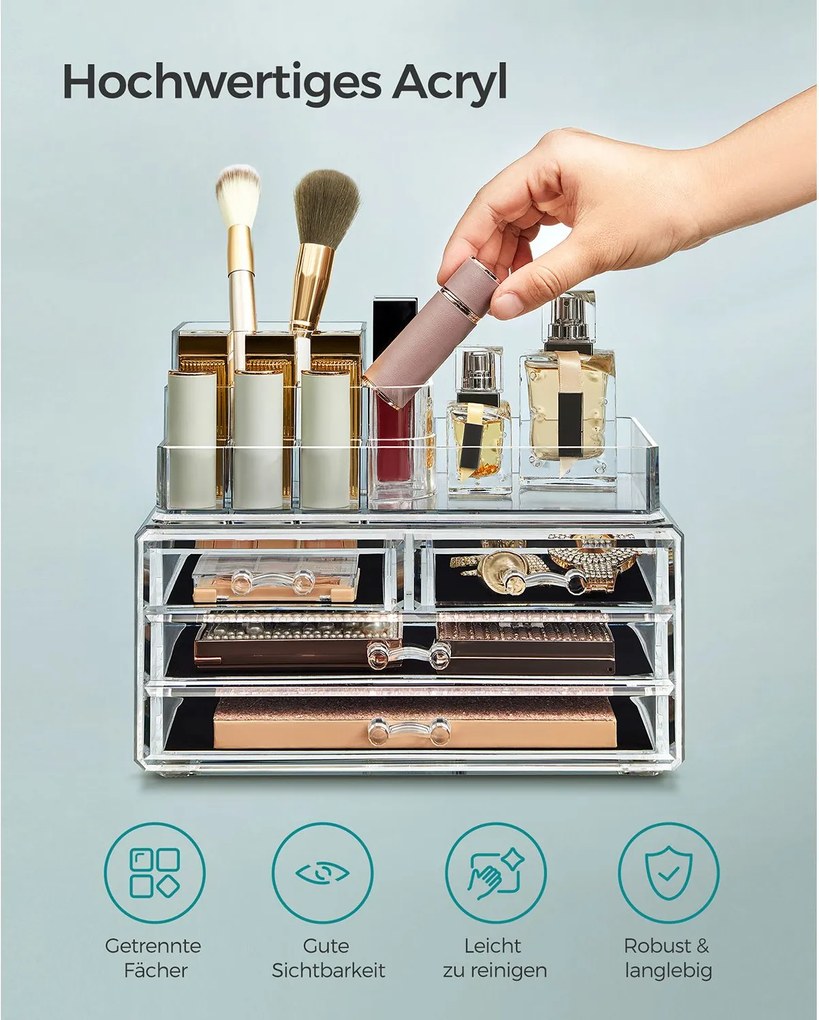 Organizador de cosméticos com 4 gavetas e 11 compartimentos 14 x 23,5 x 18,7 cm Transparente