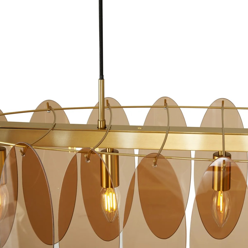 Candeeiro suspenso Art Deco dourado com vidro âmbar oval 5 luzes - Mochan Art Deco