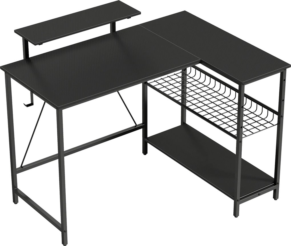 HOMCOM Mesa gamer reversível, mesa gamer de canto, suporte para monitor, prateleira de malha ajustável, 114,5x82x91,5cm, preto | Aosom Portugal
