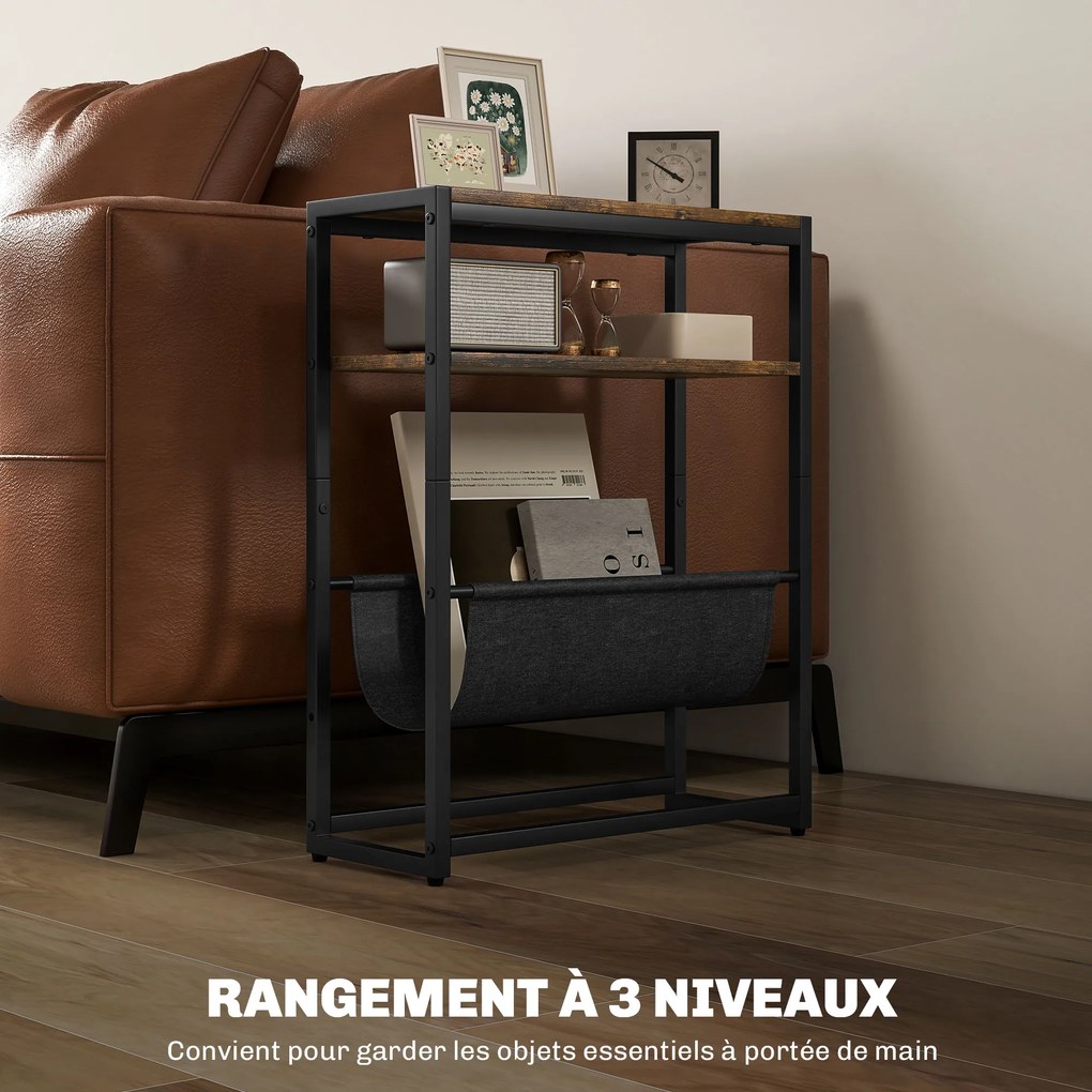 Mesa de apoio com prateleira e porta-revistas, estrutura em aço, design industrial - 43 x 18 x 56 cm