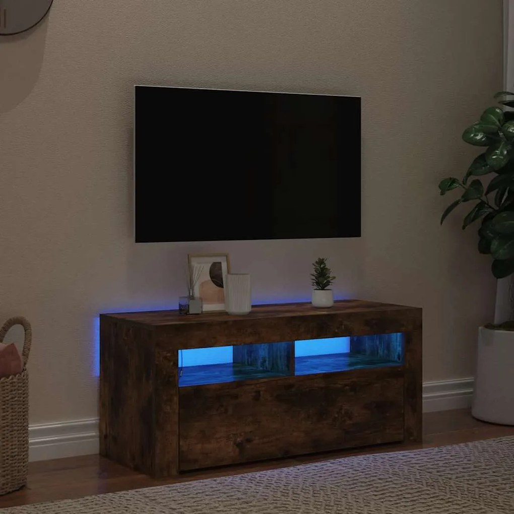 Móvel de TV com luzes LED 90x35x40 cm carvalho fumado