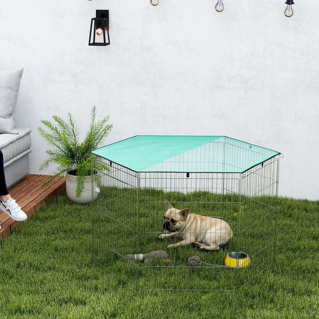 Parque para cães de 76 cm de altura, recinto para cães com 6 painéis e teto, modular e dobrável, recinto portátil com porta verde e prateada
