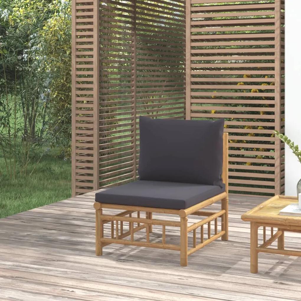 Sofá de centro de jardim bambu com almofadões cinzento-escuro