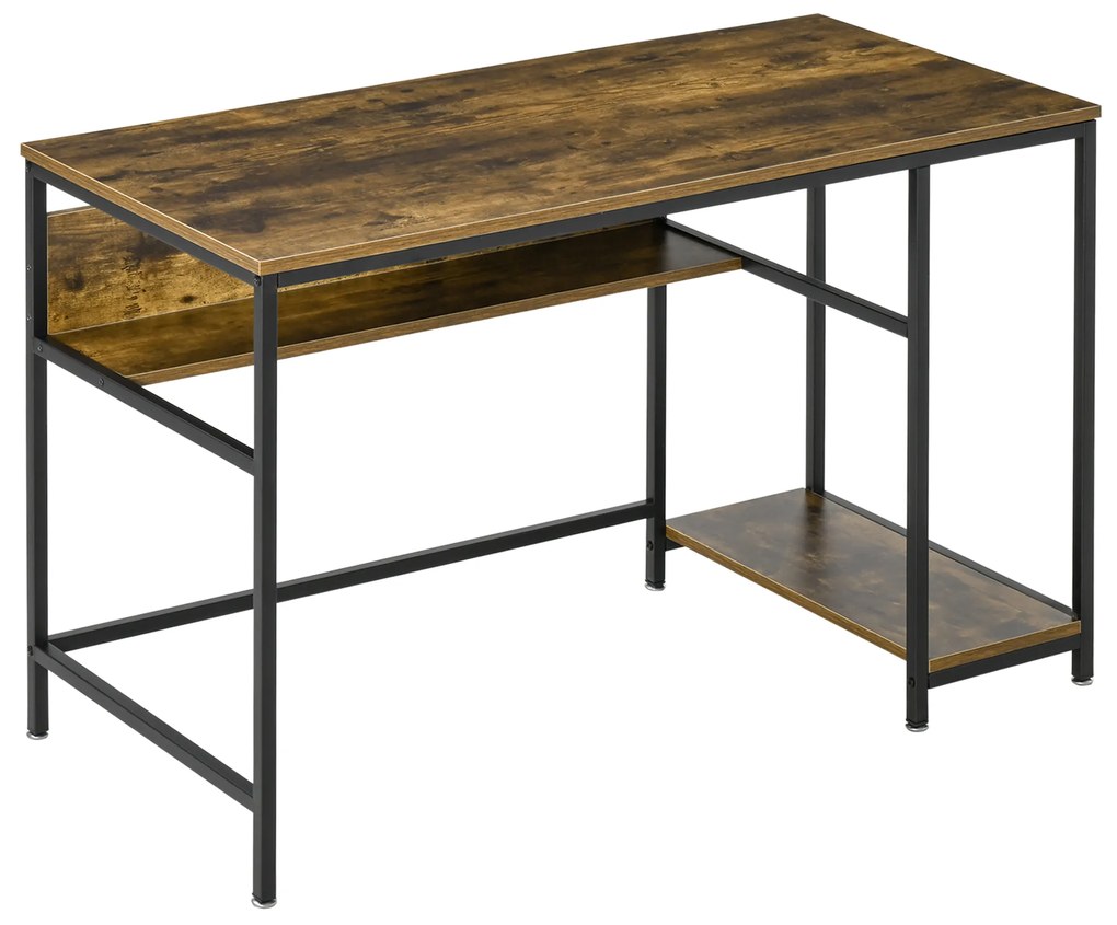 HOMCOM Secretária Estilo Industrial com Prateleiras Estrutura de Metal e Madeira para Estúdio Casa Escritório 120x60x75cm Marrom Rústico