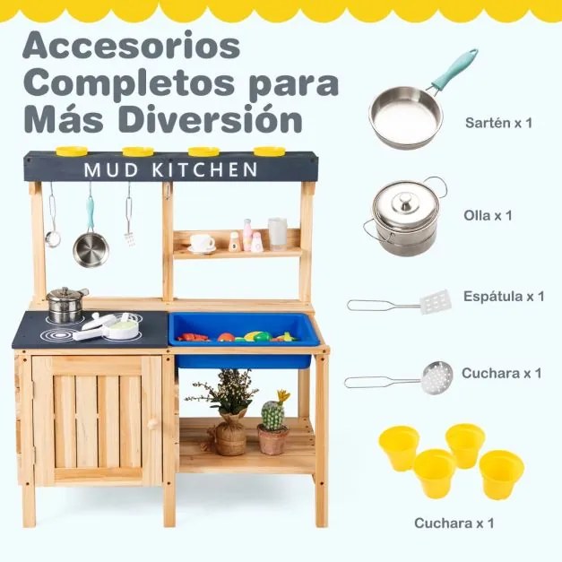 Cozinha de brincar em madeira 80 x 40 x 94 cm com lava-loiça, acessórios, 2 prateleiras e ganchos para crianças dos 3 aos 8 anos, natural
