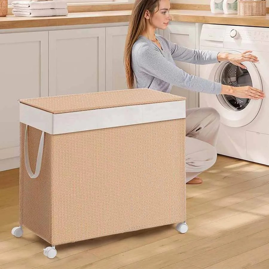 Cesto da roupa 140 L com 3 compartimentos e rodas bege natural-branco