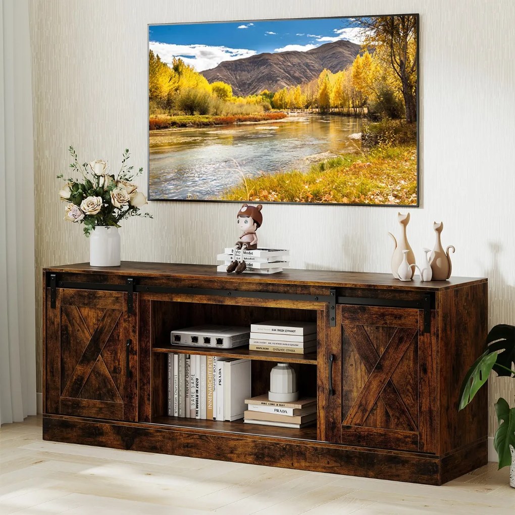 Móvel TV estilo rústico 150 x 39 x 60 cm com portas deslizantes tipo celeiro, prateleiras ajustáveis e kits antiderrapantes Café