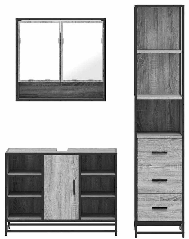3 pcs Conjunto móveis casa de banho madeira proc. cinza sonoma