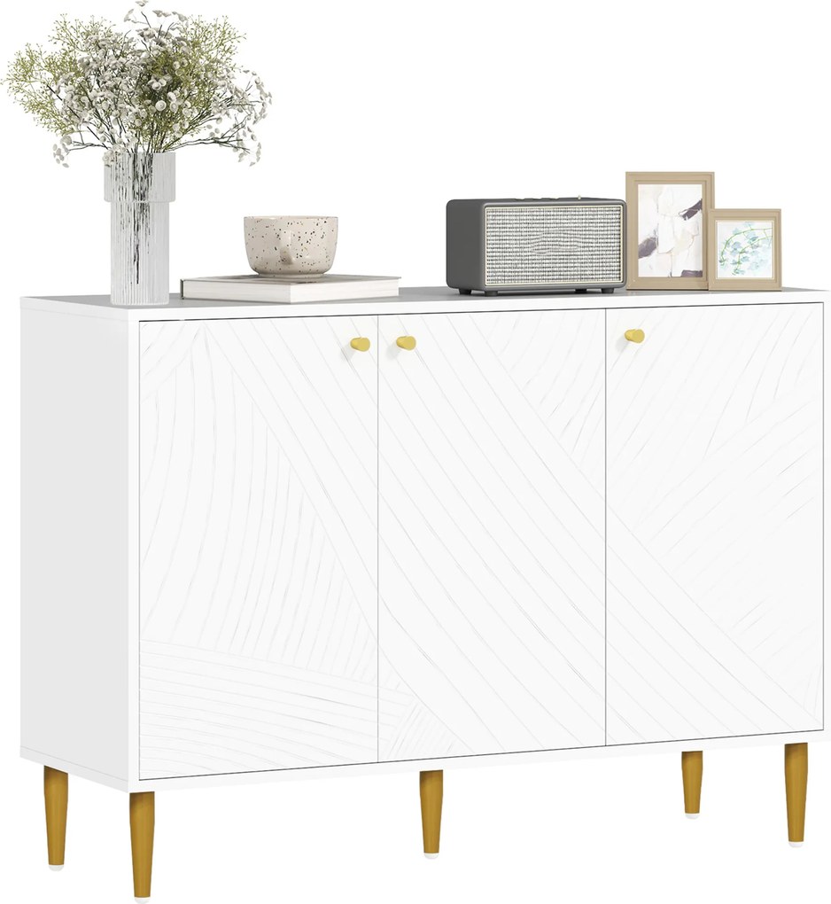 Aparador com 2 armários de 3 portas, prateleiras ajustáveis e pés dourados em aço, 107 x 35 x 77 cm, branco