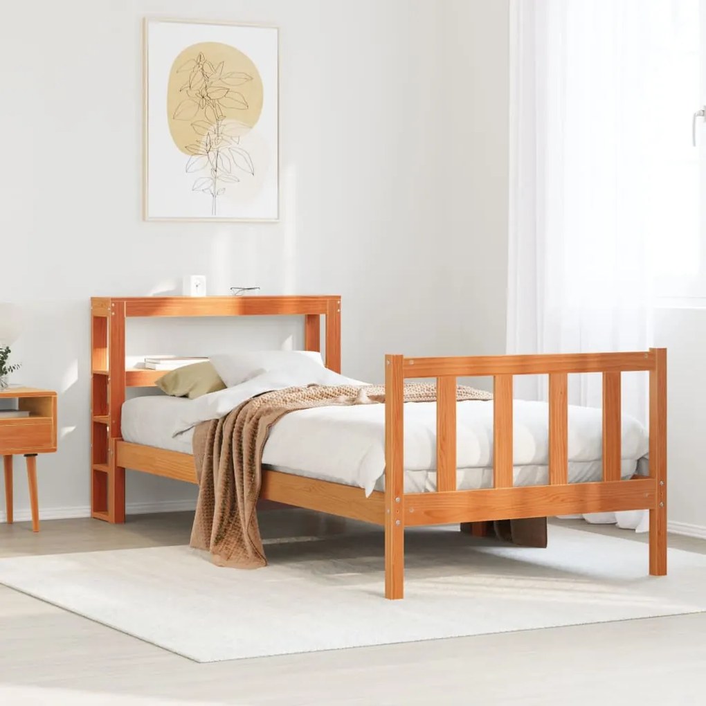 vidaXL Estrutura cama c/ cabeceira 90x200 cm pinho maciço castanho-mel