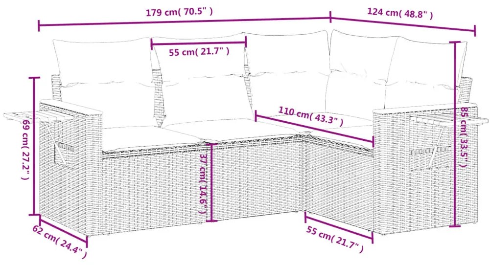 4 pcs conjunto sofás de jardim c/ almofadões vime PE cinzento