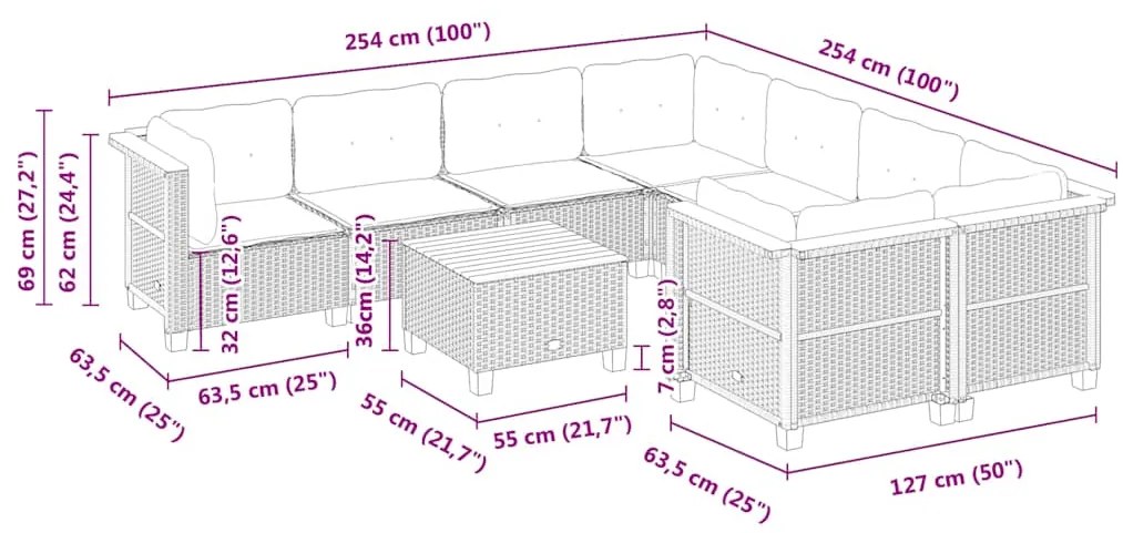 9 pcs conjunto de sofás p/ jardim com almofadões vime PE bege