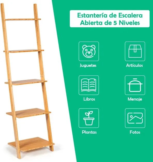 Estante forma de escada de bambu de 5 níveis para sala de estar/cozinha/escritório 43 x 35 x 165 cm Natural