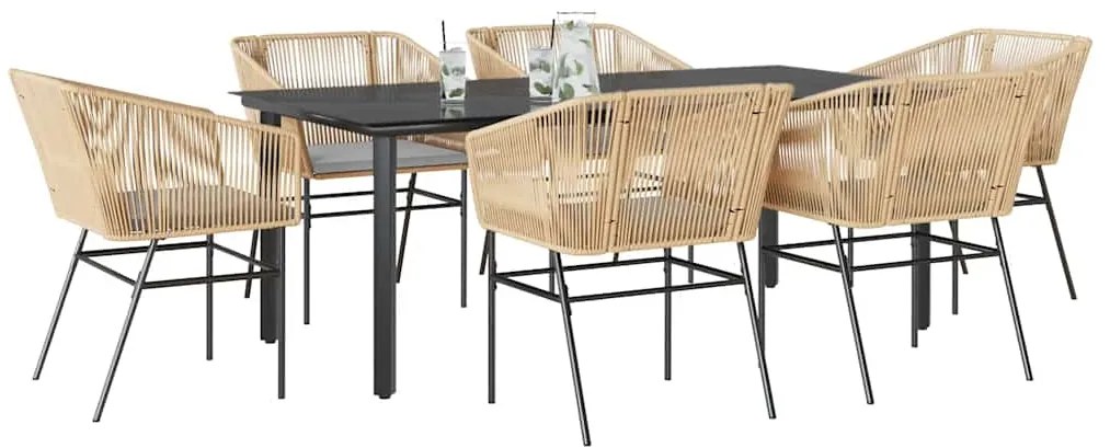 Conjunto jantar jardim 7 peças almofadas vidro vime PE castanho
