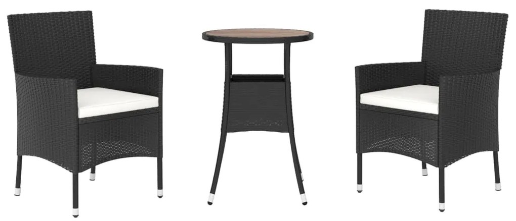 3 pcs conjunto bistrô de jardim c/ almofadões vime PE preto
