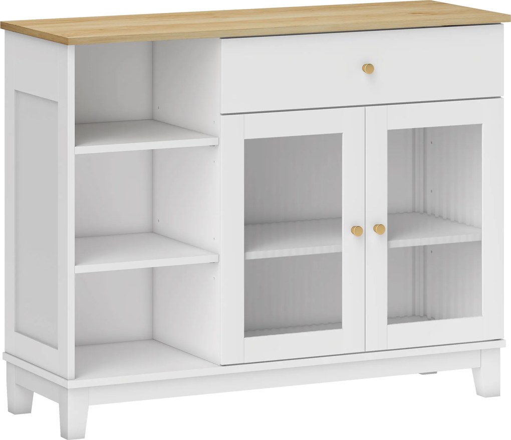Aparador 2 Portas de Vidro Aparador para Sala Moderno com Gaveta Compartimentos Abertos 100x35x80,3 cm Branco