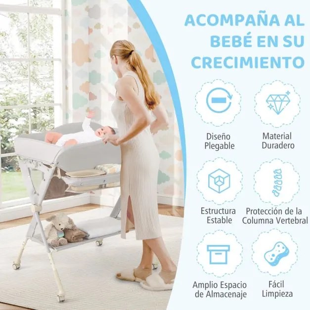 Fraldário dobrável para bebés com cesto de arrumação e cinto de segurança 3 alturas ajustáveis Cinzento